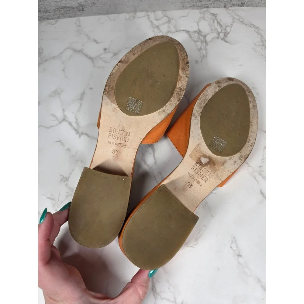 Eileen Fisher Womens Orange Leather Block Heel Slide Sandals 9.5 Chic Minimalist